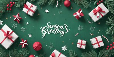 Season's Greeting: A green background with a variety of presents and stars.